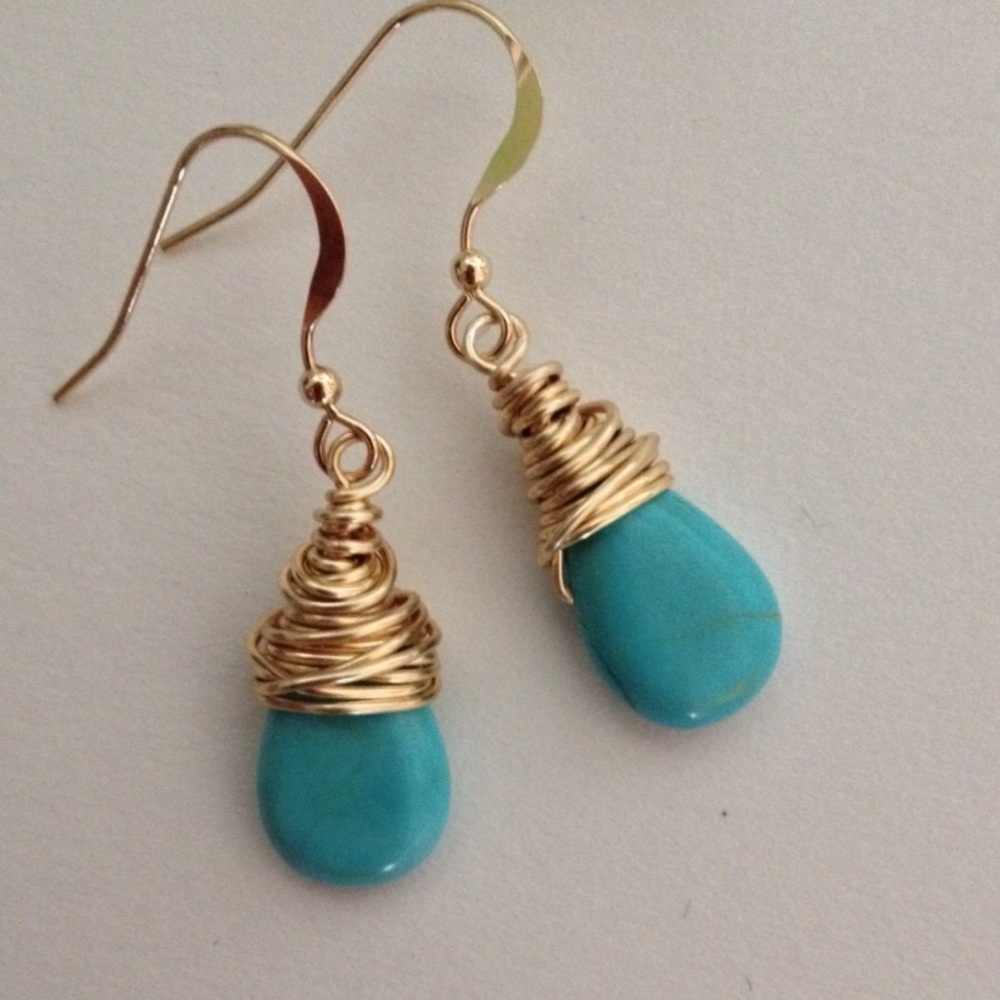 Gold Wrapped Turquoise Teardrop Earrings